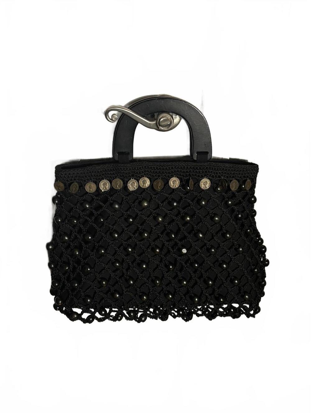 Vintage Y2K The Sak Black Crochet Handbag with Coin Detailing and Wooden Handles